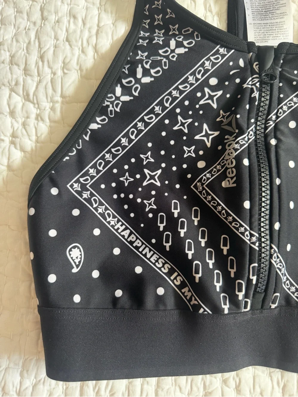 Reebok Black Sports Bra with White Bandana Print and Front Zip
